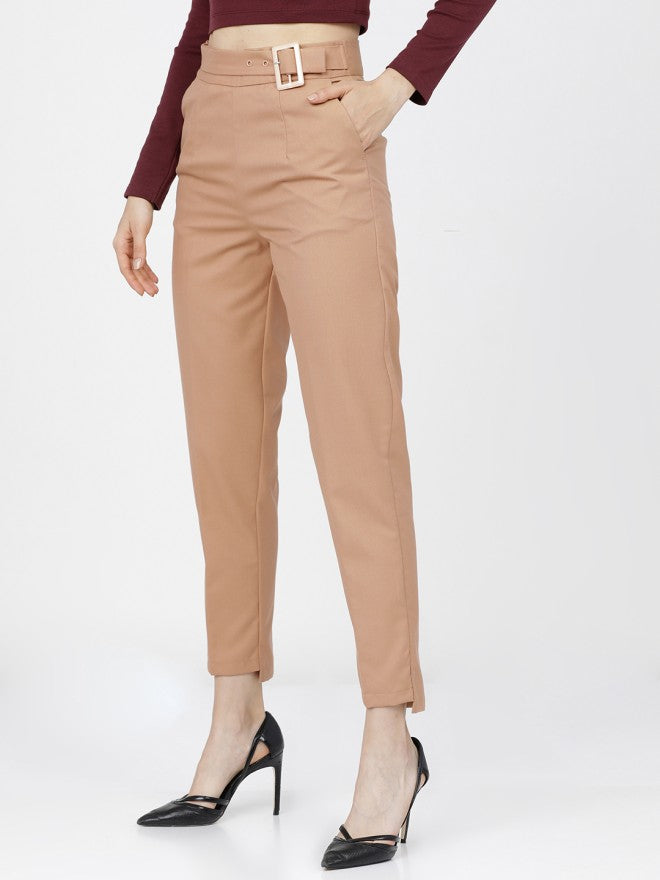 Tokyo Talkies Women Brown Solid Tapered Fit Casual Trouser - Brown - Image 2