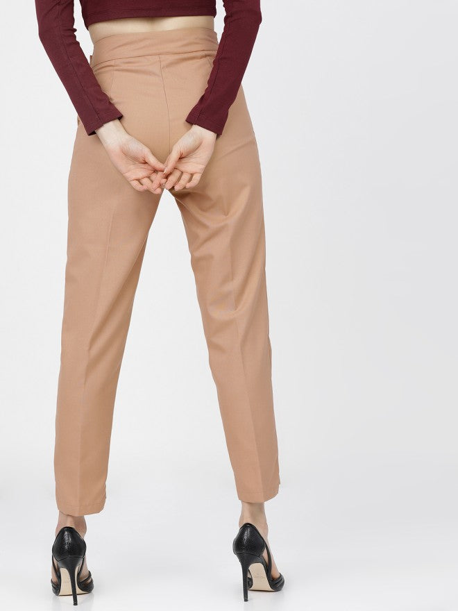 Tokyo Talkies Women Brown Solid Tapered Fit Casual Trouser - Brown - Image 3