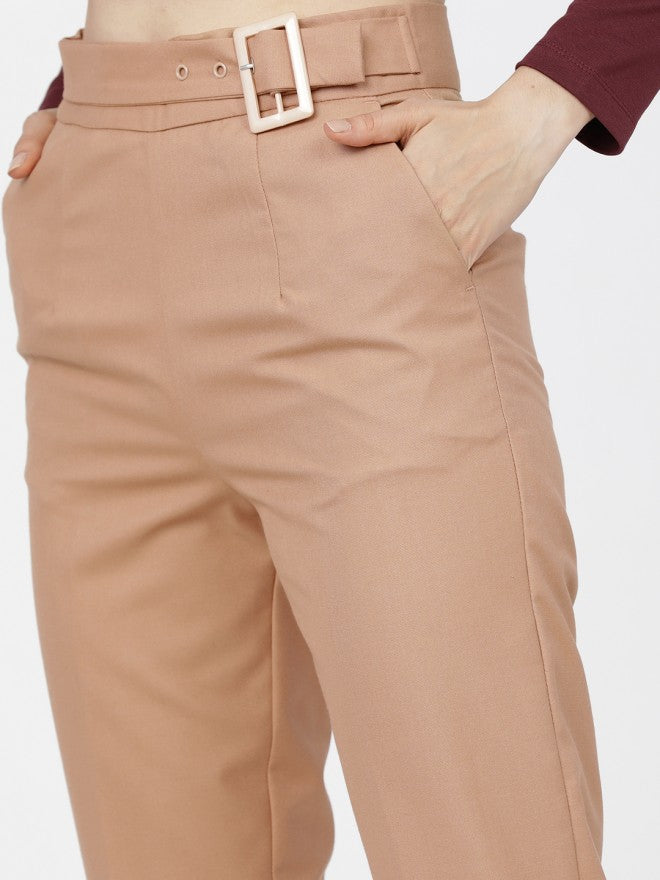 Tokyo Talkies Women Brown Solid Tapered Fit Casual Trouser - Brown - Image 4