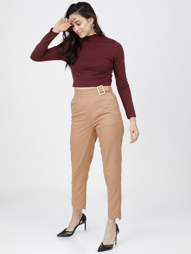 Tokyo Talkies Women Brown Solid Tapered Fit Casual Trouser - Brown - Image 5