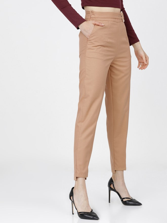 Tokyo Talkies Women Brown Solid Tapered Fit Casual Trouser - Brown - Image 6