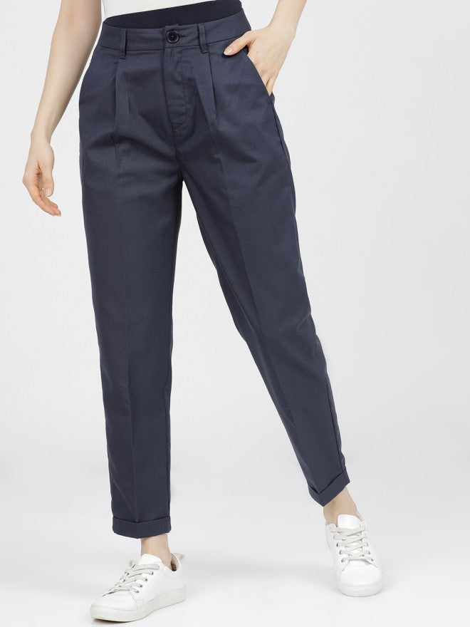 Tokyo Talkies Women Navy Blue Solid Regular Fit Casual Trouser - Navy Blue - Image 1