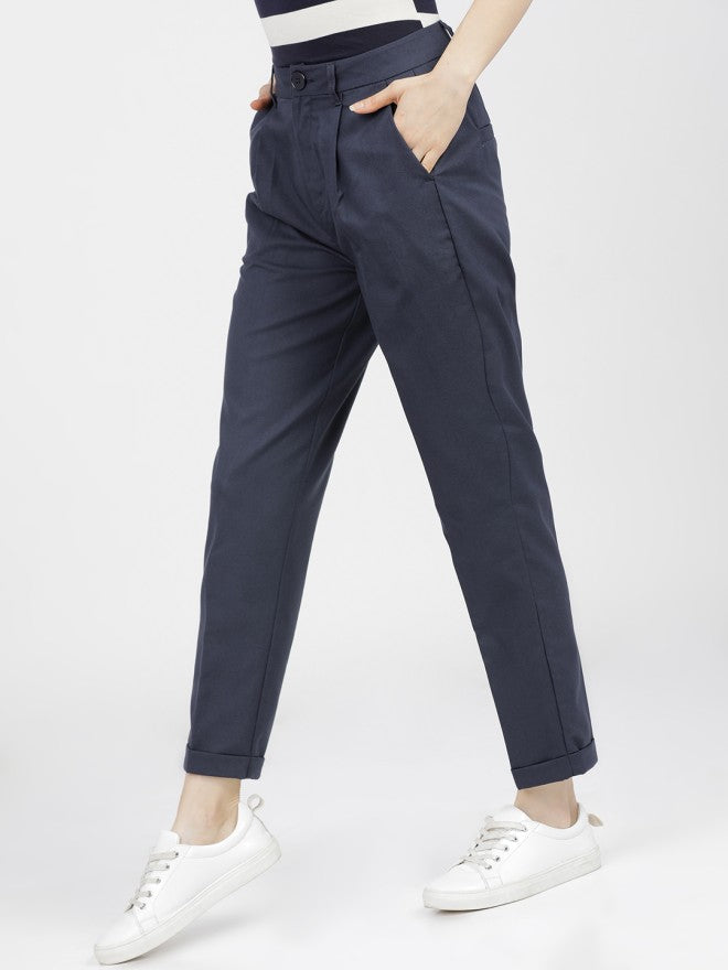 Tokyo Talkies Women Navy Blue Solid Regular Fit Casual Trouser - Navy Blue - Image 2