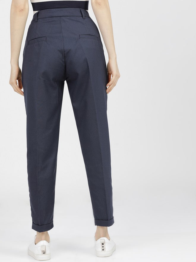 Tokyo Talkies Women Navy Blue Solid Regular Fit Casual Trouser - Navy Blue - Image 3