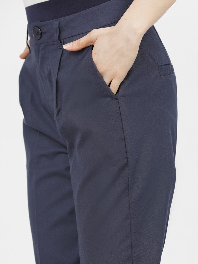 Tokyo Talkies Women Navy Blue Solid Regular Fit Casual Trouser - Navy Blue - Image 4