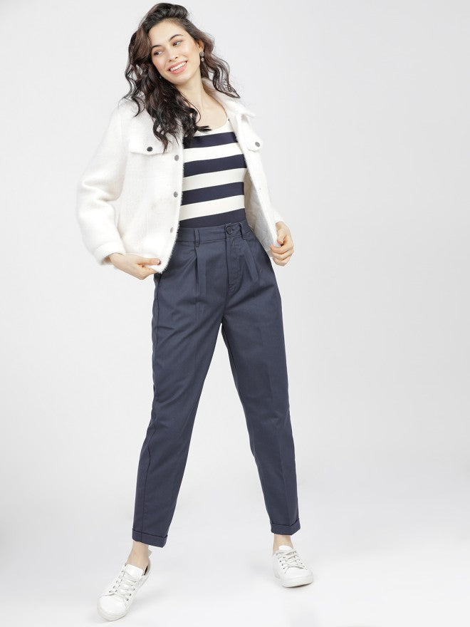 Tokyo Talkies Women Navy Blue Solid Regular Fit Casual Trouser - Navy Blue - Image 5