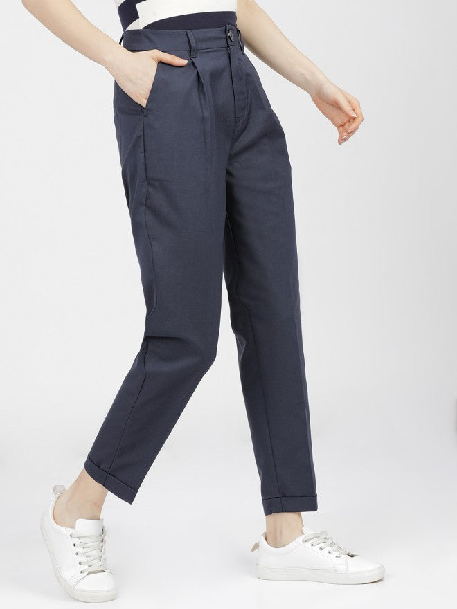 Tokyo Talkies Women Navy Blue Solid Regular Fit Casual Trouser - Navy Blue - Image 6