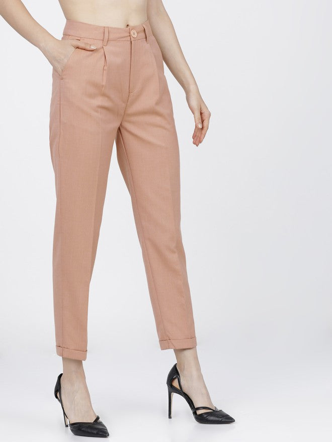 Tokyo Talkies Women Beige Solid Tapered Fit Casual Trouser - Beige - Image 6