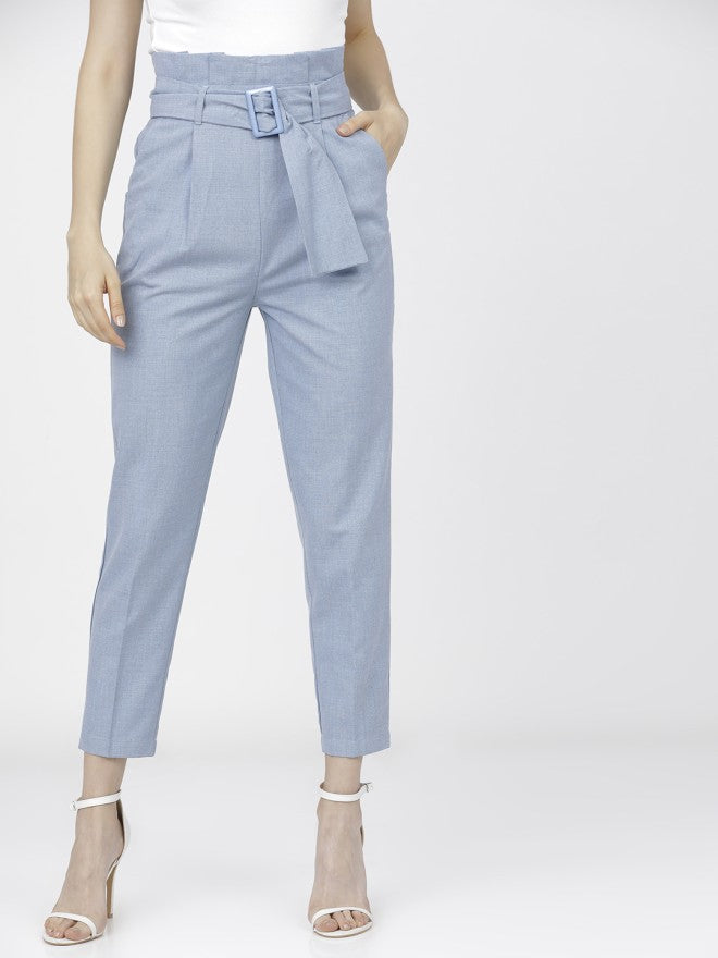 Tokyo Talkies Women Blue Solid Tapered Fit Casual Trouser - Blue - Image 1