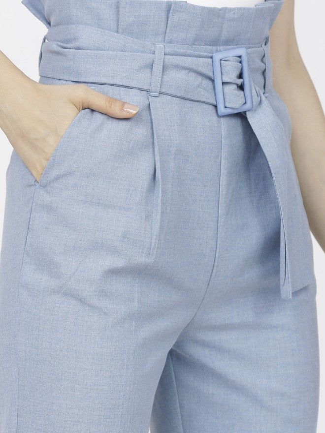 Tokyo Talkies Women Blue Solid Tapered Fit Casual Trouser - Blue - Image 4