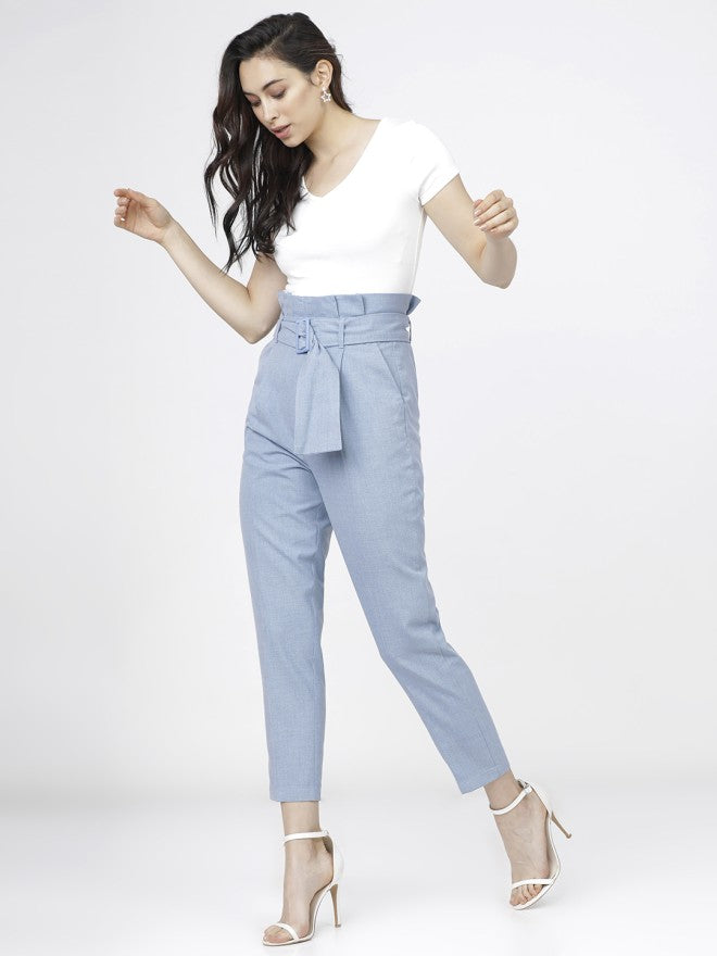 Tokyo Talkies Women Blue Solid Tapered Fit Casual Trouser - Blue - Image 5