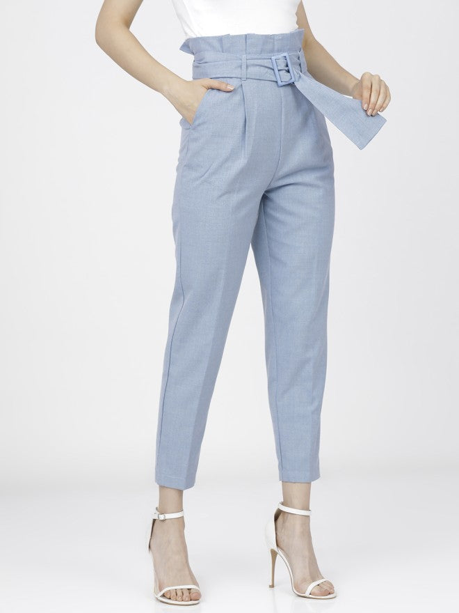 Tokyo Talkies Women Blue Solid Tapered Fit Casual Trouser - Blue - Image 6