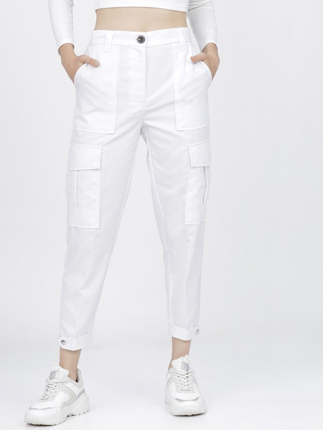 Tokyo Talkies Women White Solid Tapered Fit Cargos - White - Image 1
