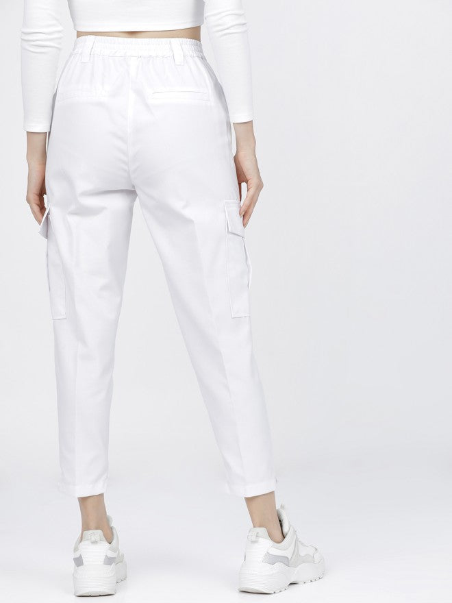 Tokyo Talkies Women White Solid Tapered Fit Cargos - White - Image 3