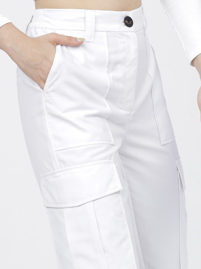 Tokyo Talkies Women White Solid Tapered Fit Cargos - White - Image 4