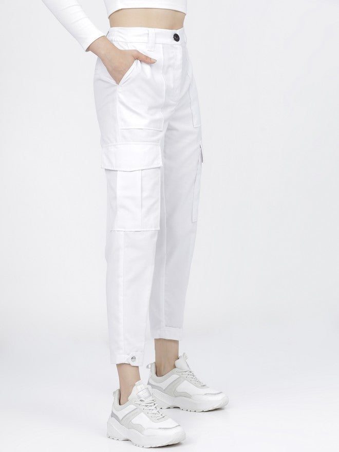 Tokyo Talkies Women White Solid Tapered Fit Cargos - White - Image 6