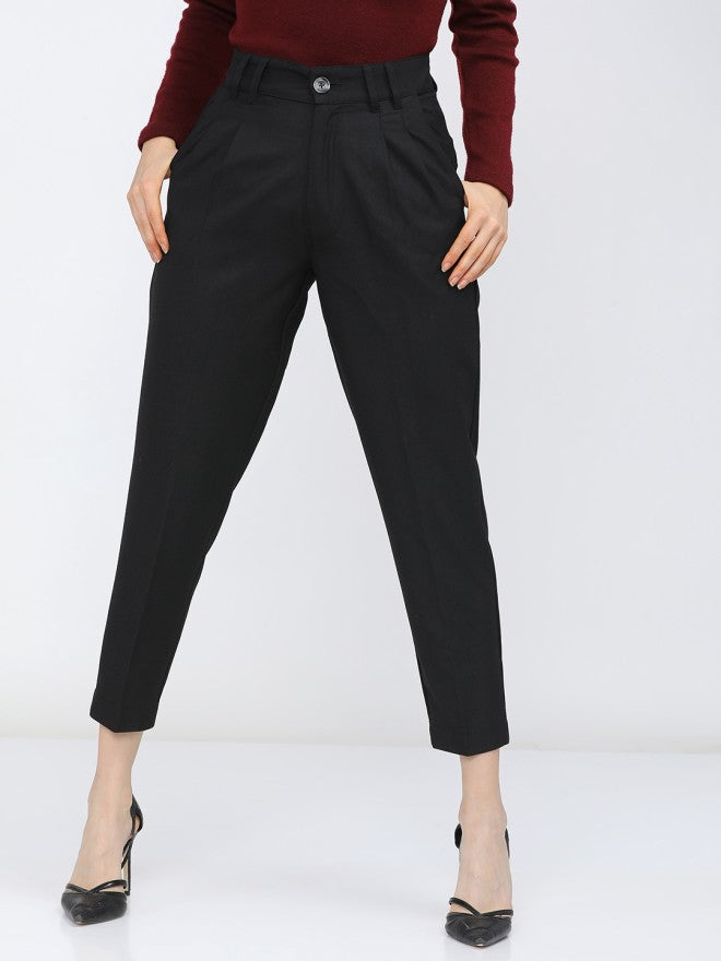 Tokyo Talkies Women Black Solid Tapered Fit Casual Trouser - Black - Image 1