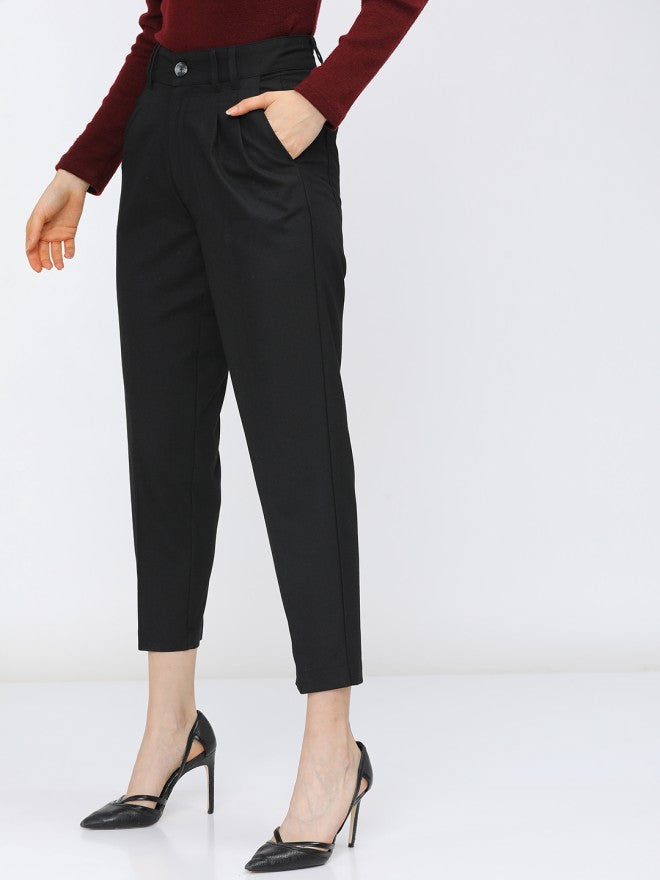 Tokyo Talkies Women Black Solid Tapered Fit Casual Trouser - Black - Image 2