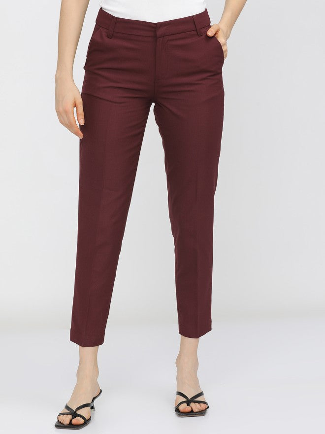 Tokyo Talkies Women Burgundy Solid Slim Fit Casual Trouser - Burgundy - Image 1