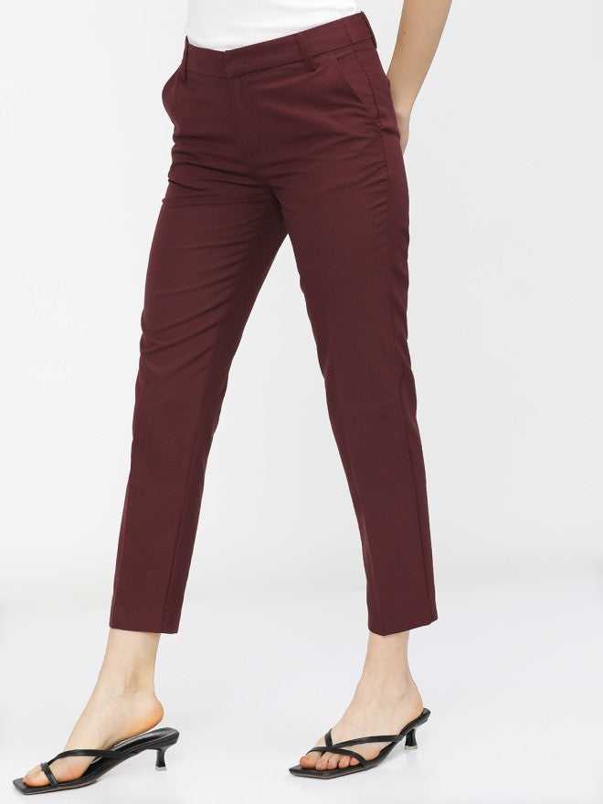 Tokyo Talkies Women Burgundy Solid Slim Fit Casual Trouser - Burgundy - Image 2