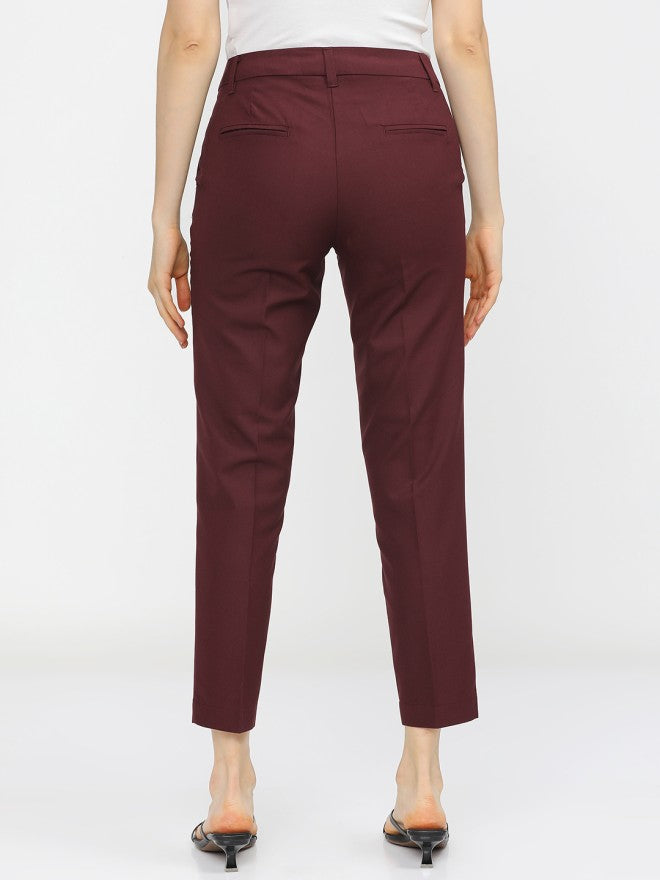 Tokyo Talkies Women Burgundy Solid Slim Fit Casual Trouser - Burgundy - Image 3