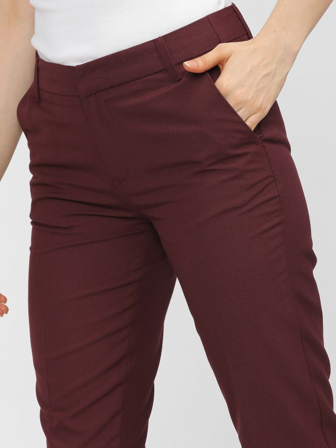 Tokyo Talkies Women Burgundy Solid Slim Fit Casual Trouser - Burgundy - Image 4