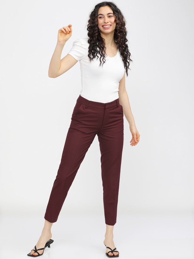 Tokyo Talkies Women Burgundy Solid Slim Fit Casual Trouser - Burgundy - Image 5