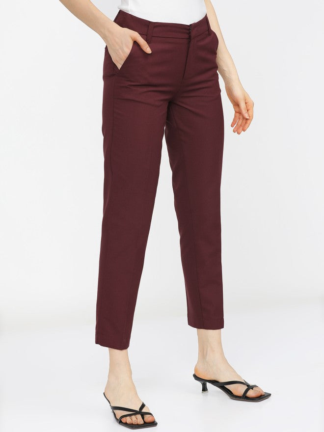 Tokyo Talkies Women Burgundy Solid Slim Fit Casual Trouser - Burgundy - Image 6