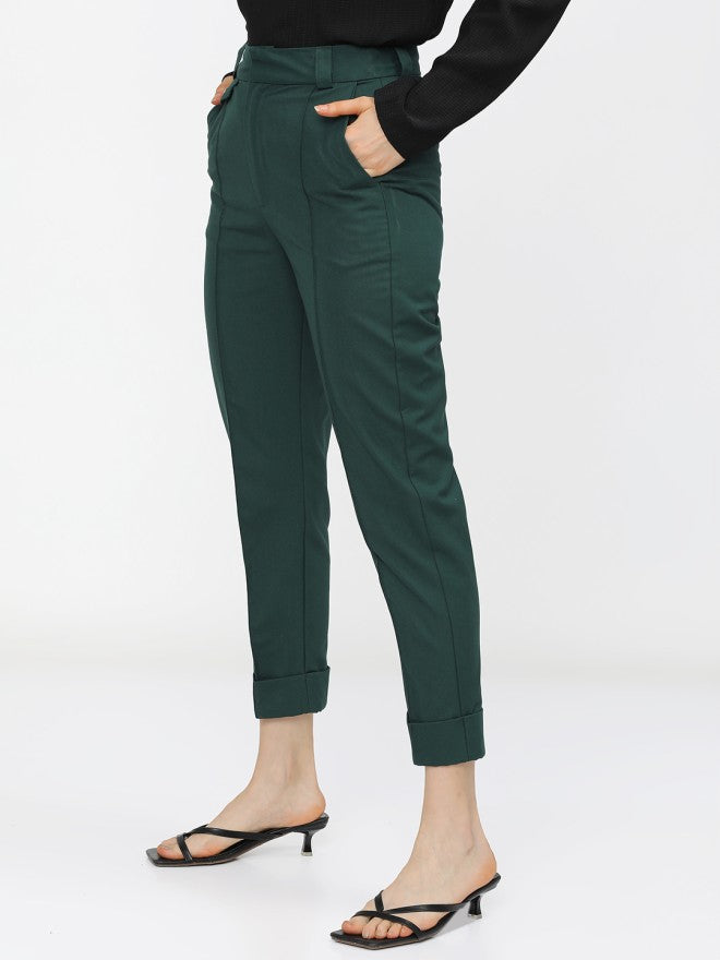 Tokyo Talkies Women Green Solid Tapered Fit Casual Trouser - Green - Image 2