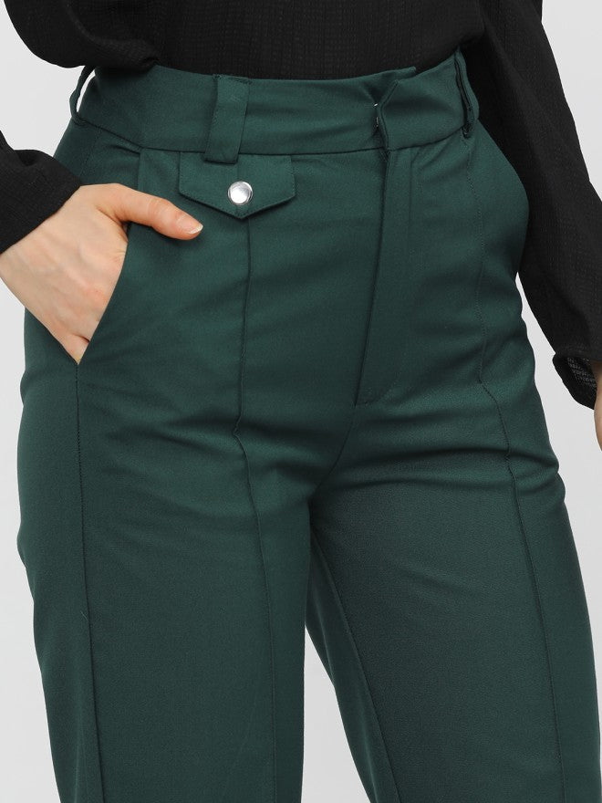 Tokyo Talkies Women Green Solid Tapered Fit Casual Trouser - Green - Image 4