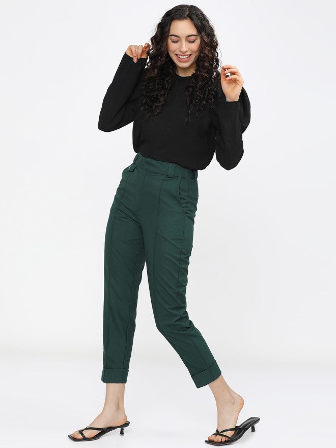 Tokyo Talkies Women Green Solid Tapered Fit Casual Trouser - Green - Image 5