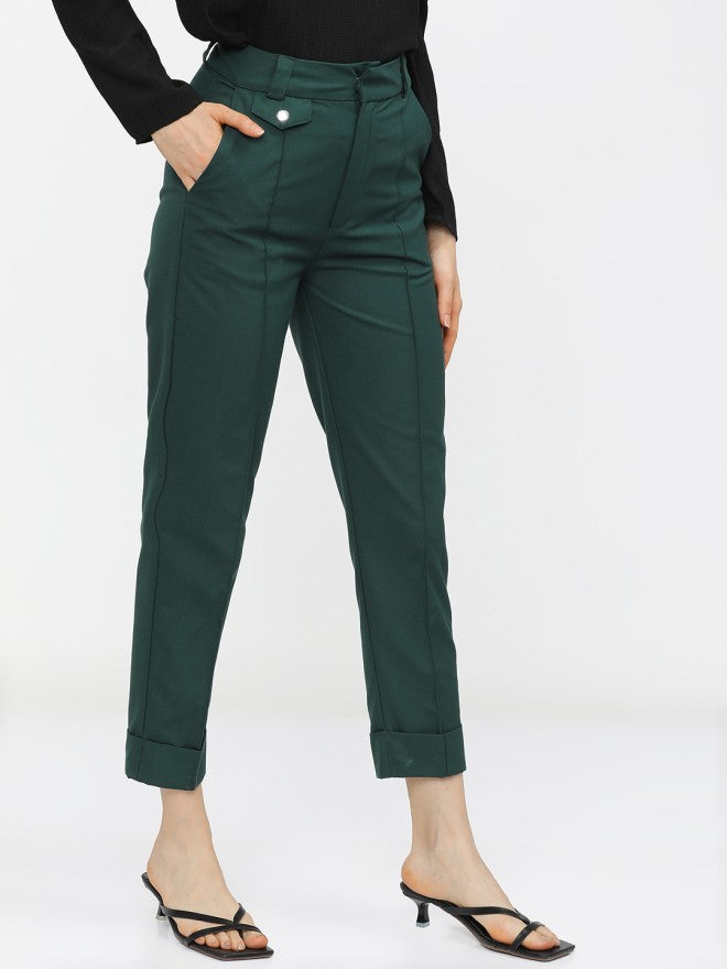 Tokyo Talkies Women Green Solid Tapered Fit Casual Trouser - Green - Image 6