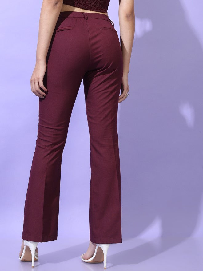Tokyo Talkies Women Burgundy Solid Straight Fit Casual Trouser - Burgundy - Image 3