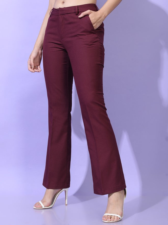 Tokyo Talkies Women Burgundy Solid Straight Fit Casual Trouser - Burgundy - Image 5
