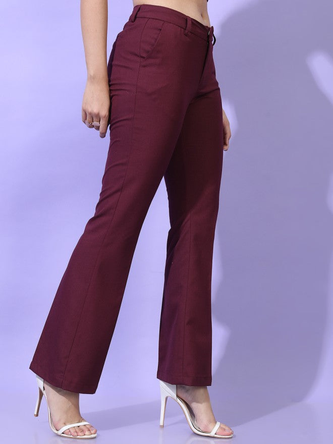 Tokyo Talkies Women Burgundy Solid Straight Fit Casual Trouser - Burgundy - Image 6