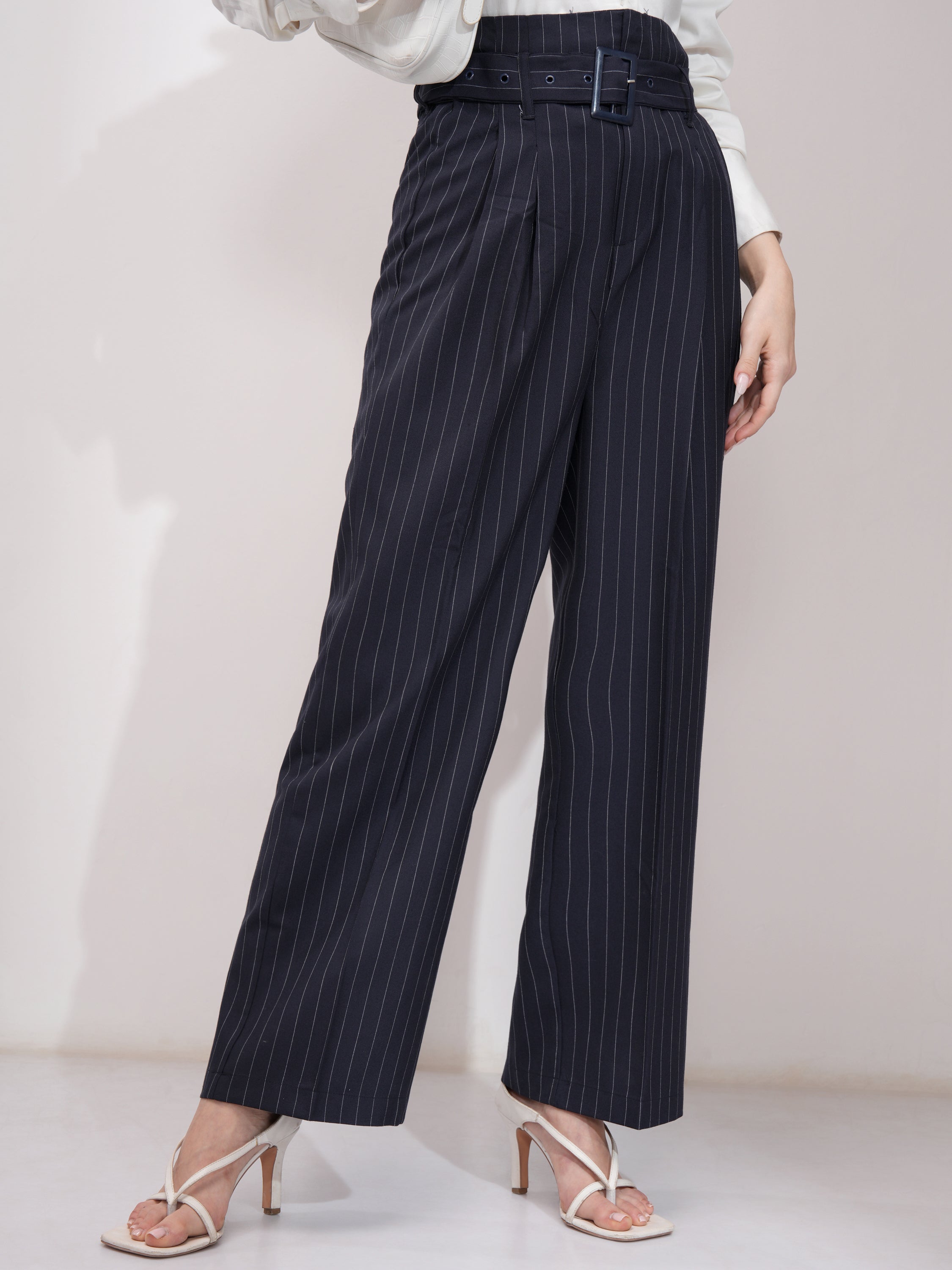 Tokyo Talkies Women Navy Blue Solid Regular Fit Casual Trouser - Navy Blue - Image 1