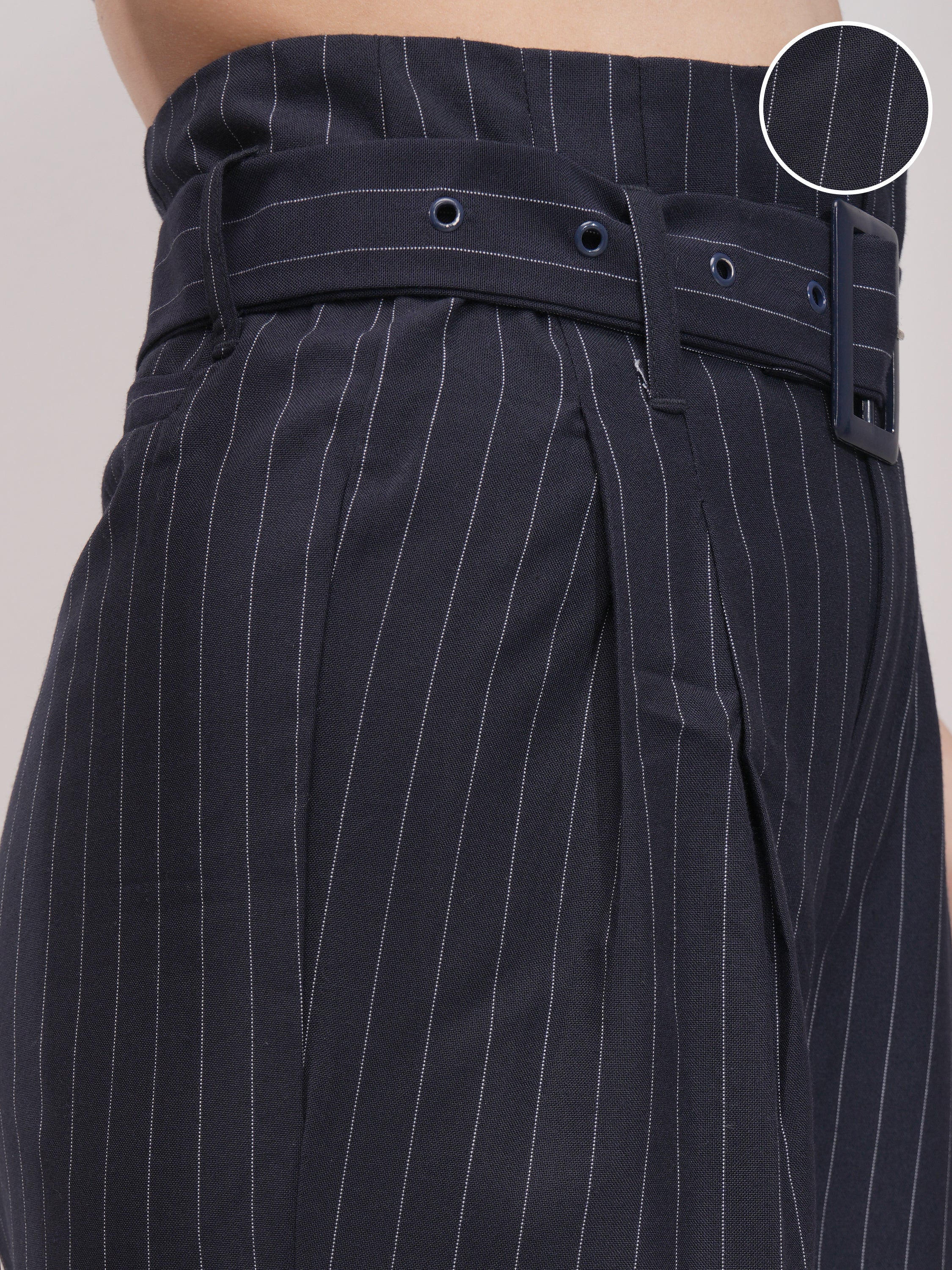 Tokyo Talkies Women Navy Blue Solid Regular Fit Casual Trouser - Navy Blue - Image 5