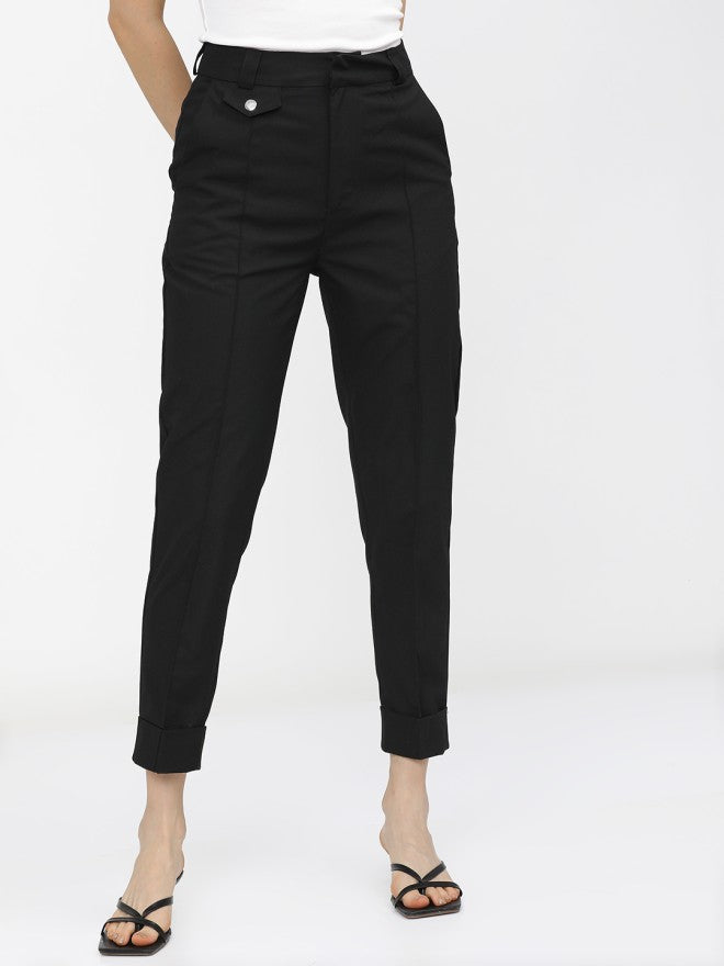 Tokyo Talkies Women Black Solid Tapered Fit Casual Trouser - Black - Image 1