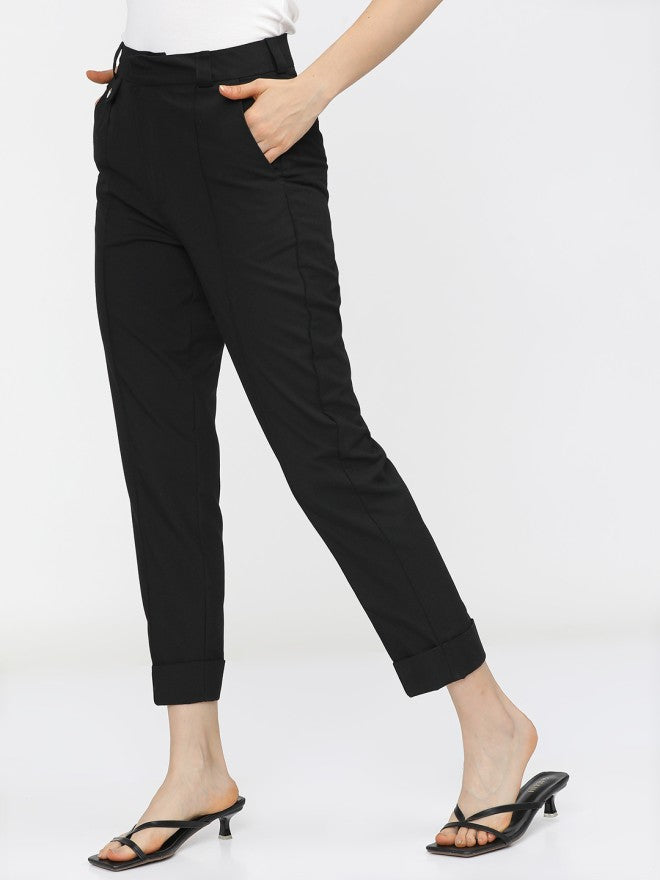 Tokyo Talkies Women Black Solid Tapered Fit Casual Trouser - Black - Image 2