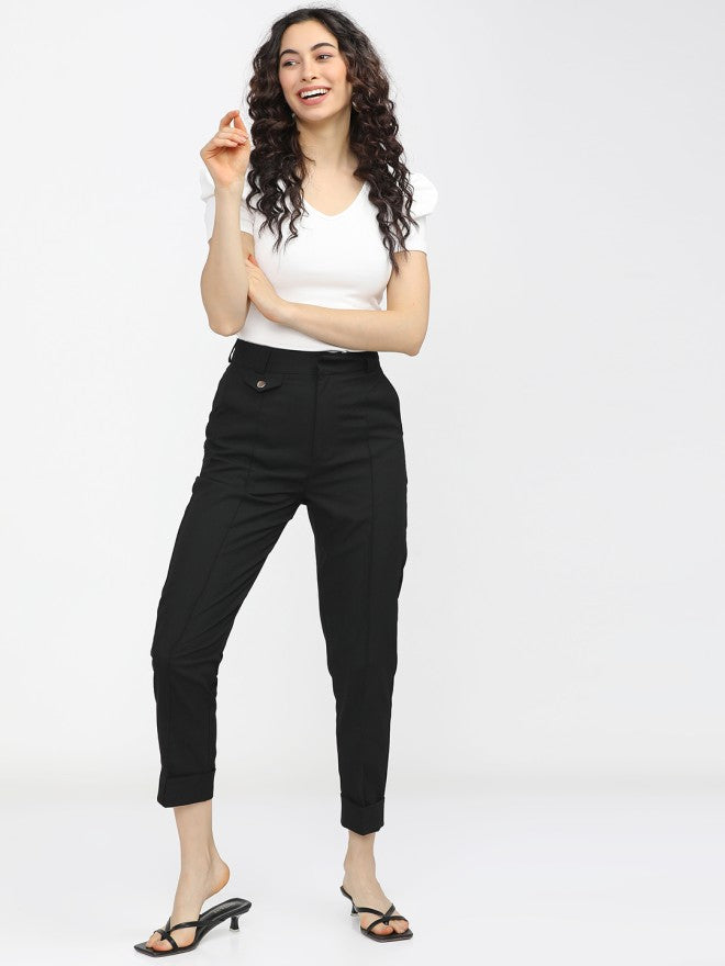 Tokyo Talkies Women Black Solid Tapered Fit Casual Trouser - Black - Image 5