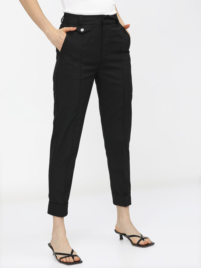 Tokyo Talkies Women Black Solid Tapered Fit Casual Trouser - Black - Image 6