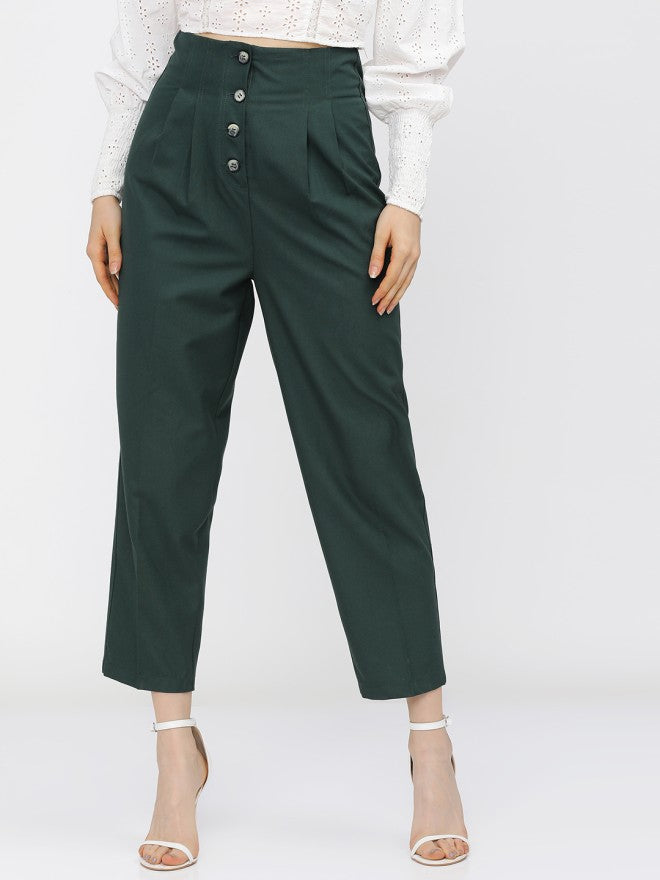 Tokyo Talkies Women Green Solid Regular Fit Casual Trouser - Green - Image 1