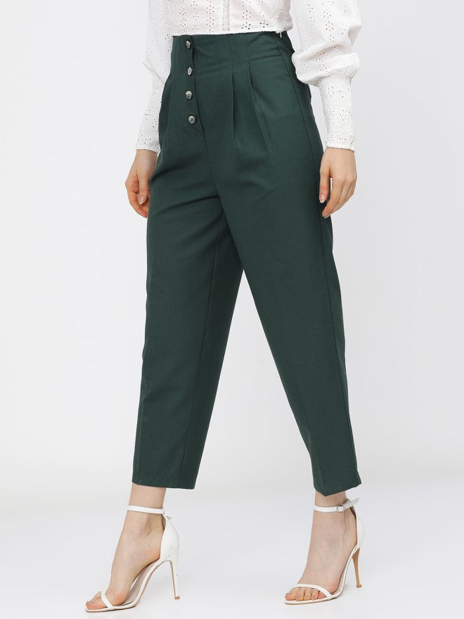 Tokyo Talkies Women Green Solid Regular Fit Casual Trouser - Green - Image 2