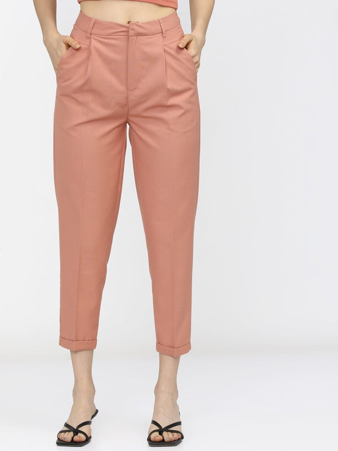 Tokyo Talkies Women Orange Solid Tapered Fit Casual Trouser - Orange - Image 1