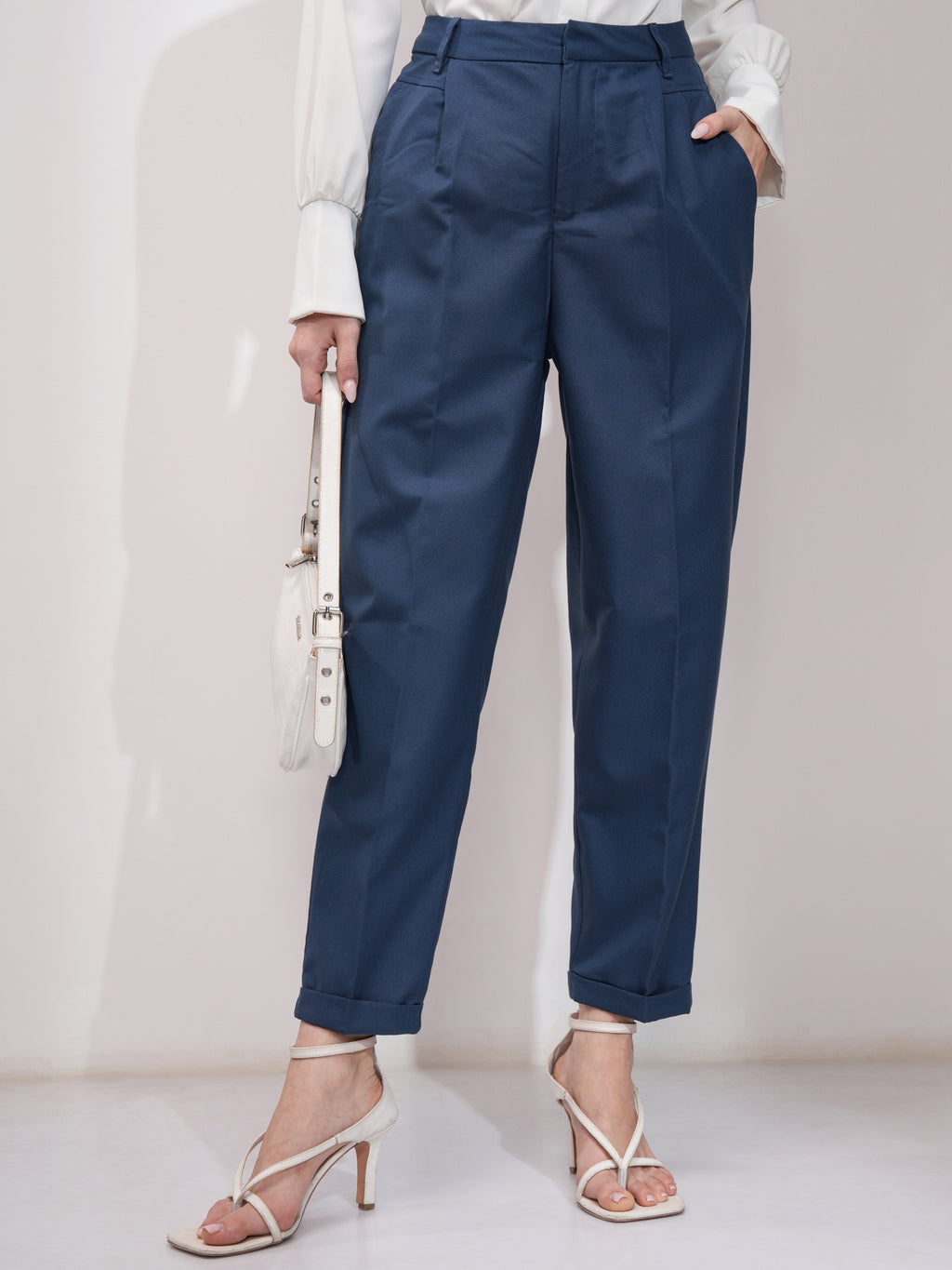 Tokyo Talkies Women Blue Solid Tapered Fit Casual Trouser - Blue - Image 1