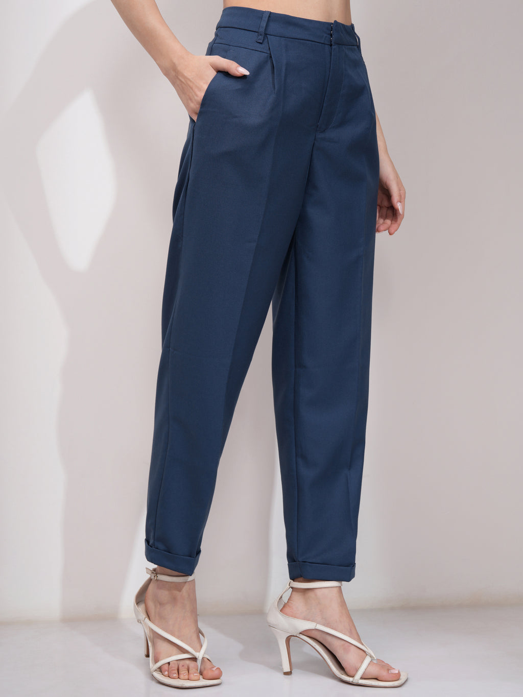 Tokyo Talkies Women Blue Solid Tapered Fit Casual Trouser - Blue - Image 6