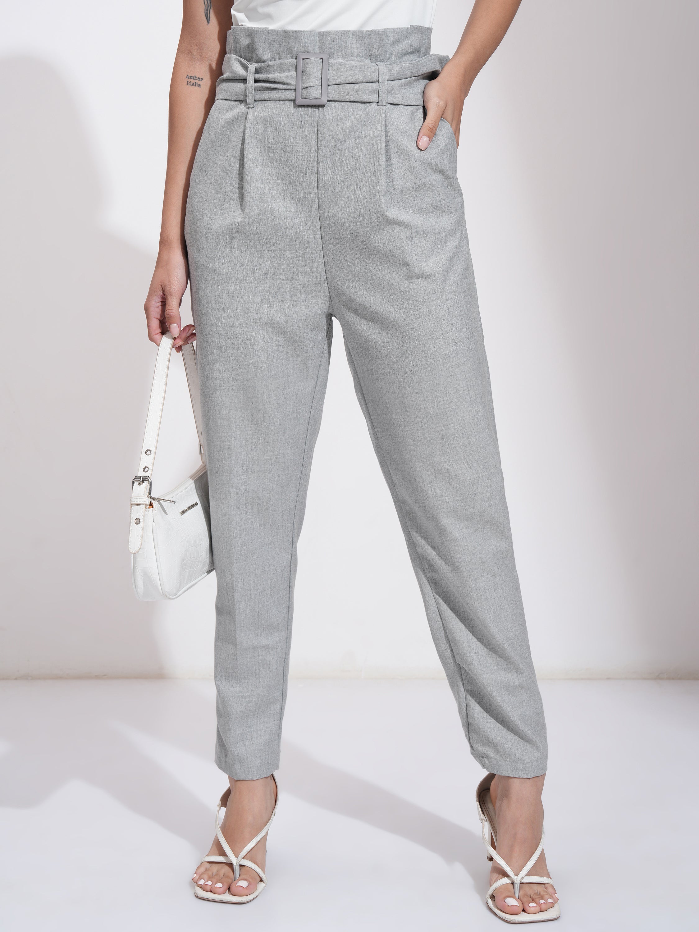 Tokyo Talkies Women Grey Solid Tapered Fit - Grey - Image 1