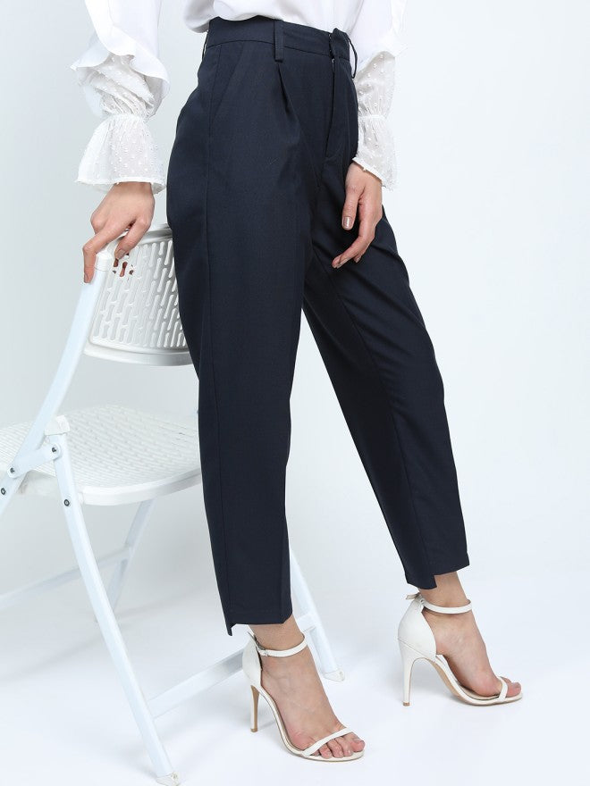 Tokyo Talkies Women Navy Blue Solid Tapered Fit Casual Trouser - Navy Blue - Image 1