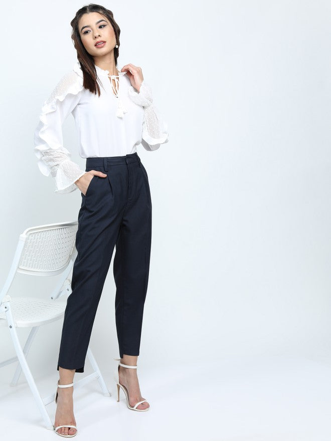 Tokyo Talkies Women Navy Blue Solid Tapered Fit Casual Trouser - Navy Blue - Image 2