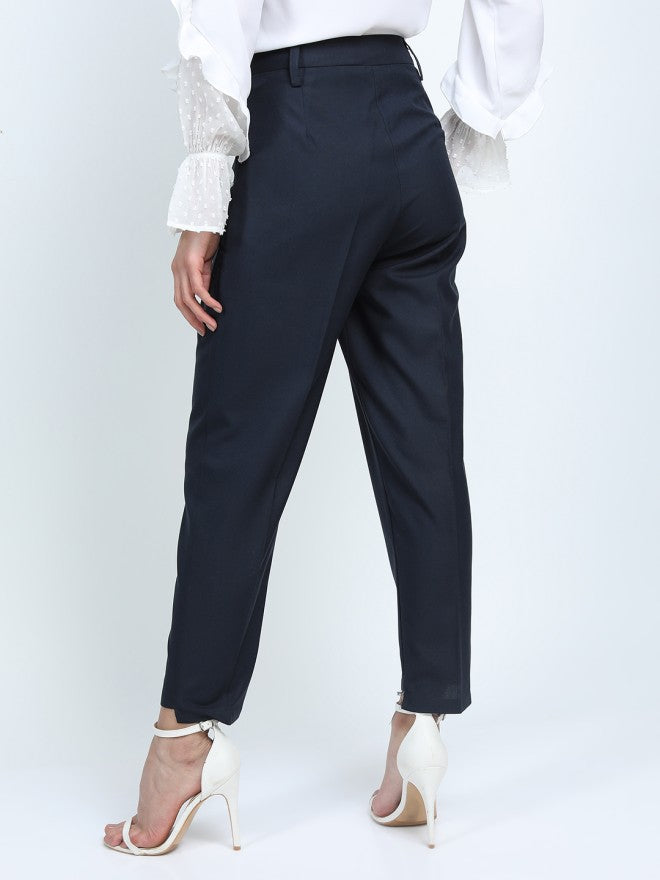 Tokyo Talkies Women Navy Blue Solid Tapered Fit Casual Trouser - Navy Blue - Image 3